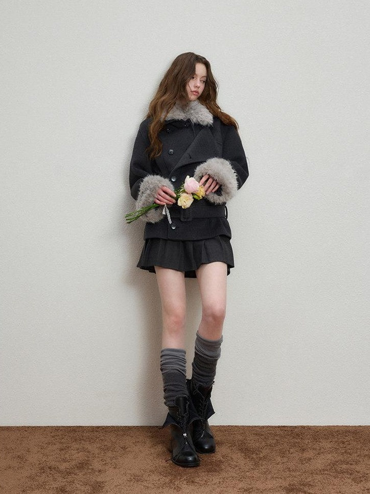 Luamoss Warm Thick Patchwork Korean Loose Fit Lapel Casual Women Deep Gray Wool Coats