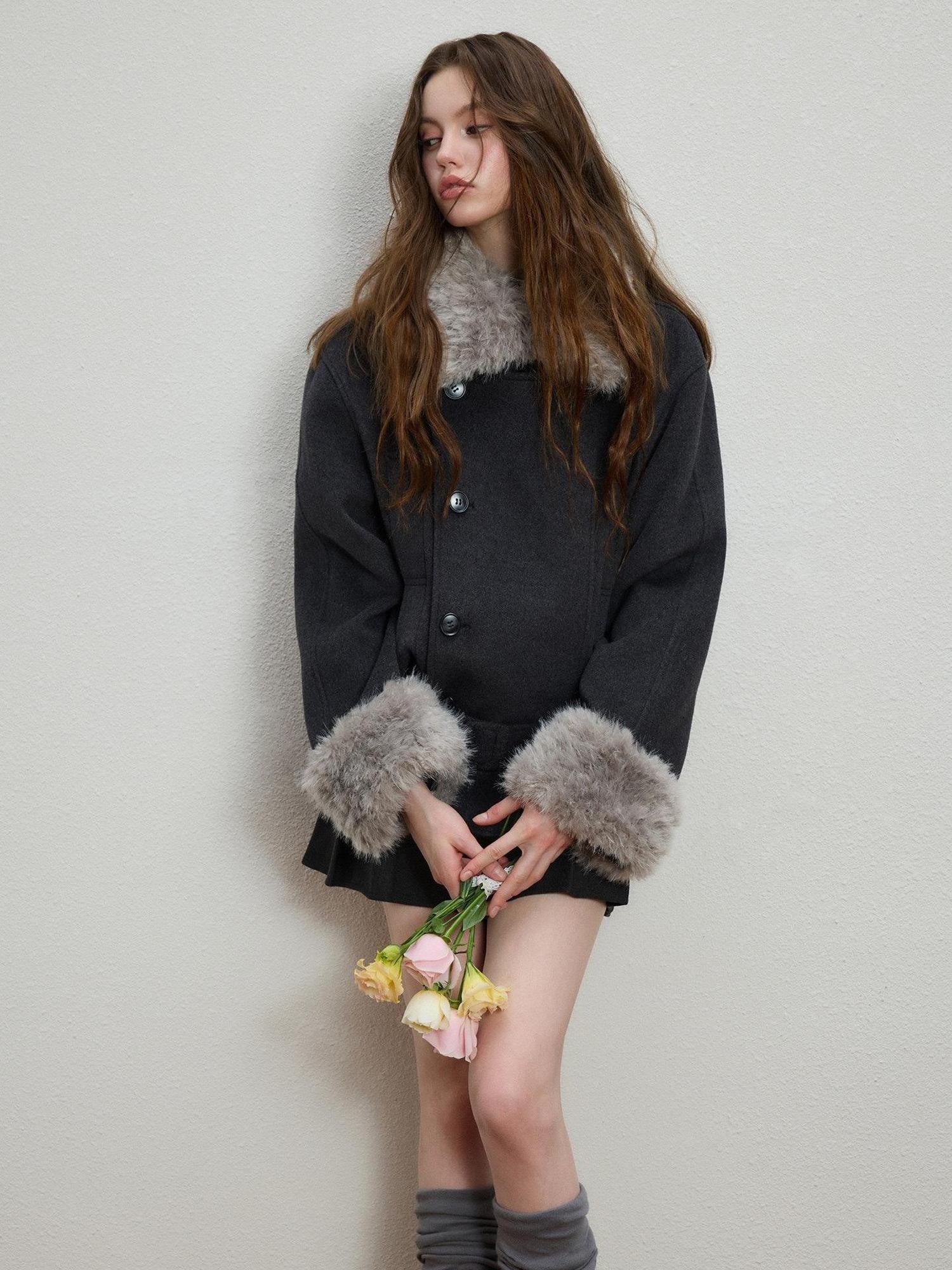Luamoss Warm Thick Patchwork Korean Loose Fit Lapel Casual Women Deep Gray Wool Coats