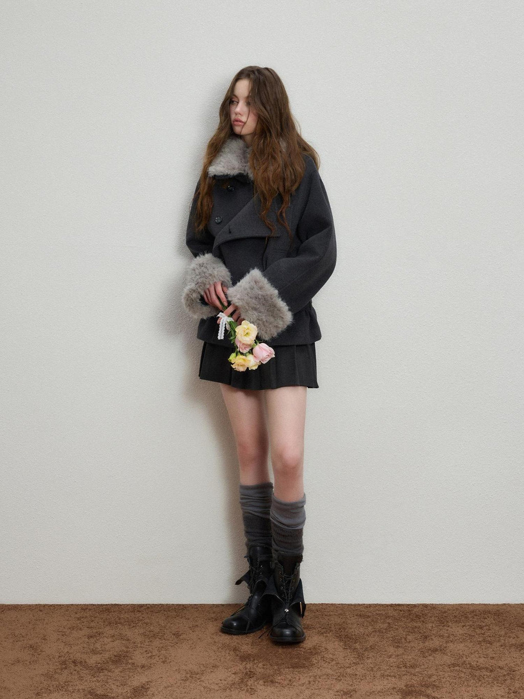 Luamoss Warm Thick Patchwork Korean Loose Fit Lapel Casual Women Deep Gray Wool Coats