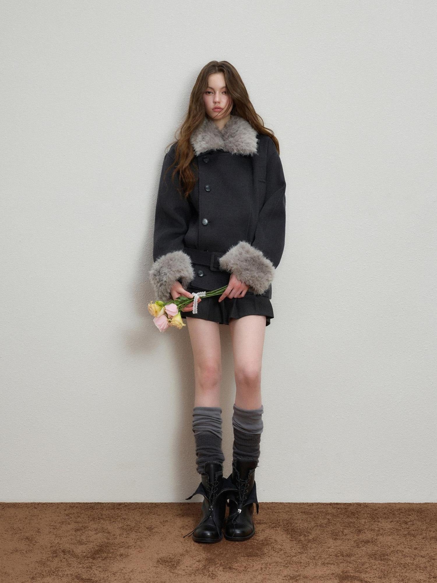 Luamoss Warm Thick Patchwork Korean Loose Fit Lapel Casual Women Deep Gray Wool Coats