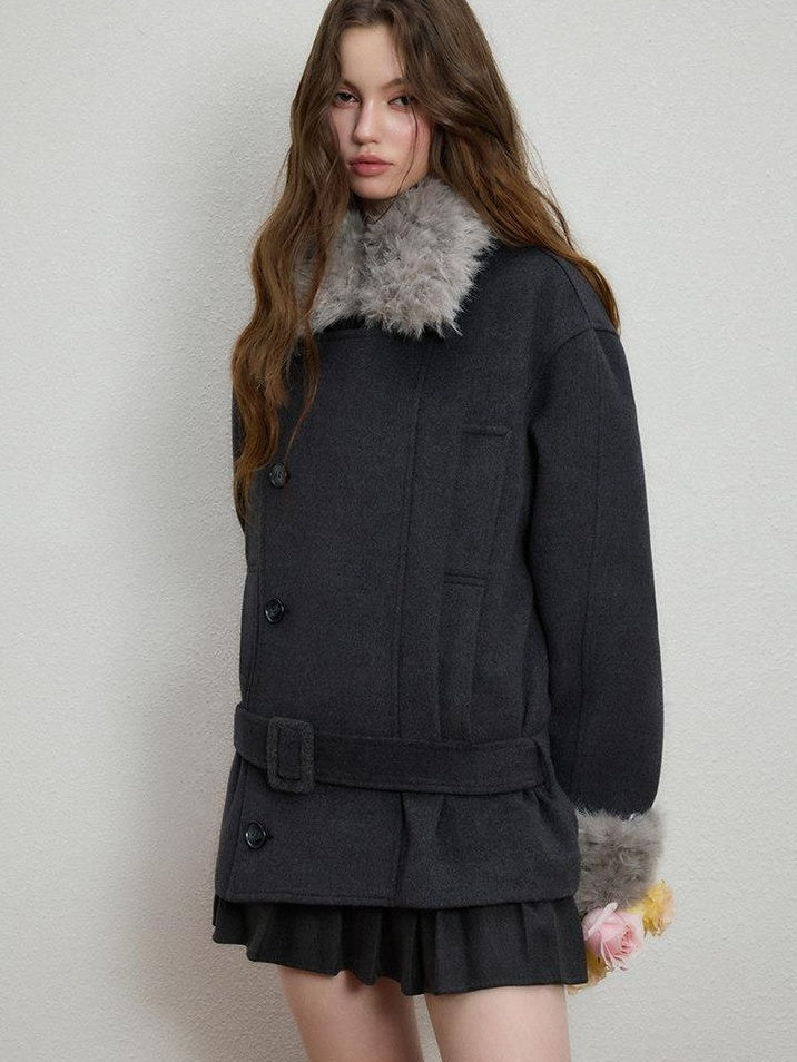 Luamoss Warm Thick Patchwork Korean Loose Fit Lapel Casual Women Deep Gray Wool Coats