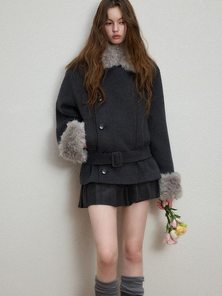 Luamoss Warm Thick Patchwork Korean Loose Fit Lapel Casual Women Deep Gray Wool Coats