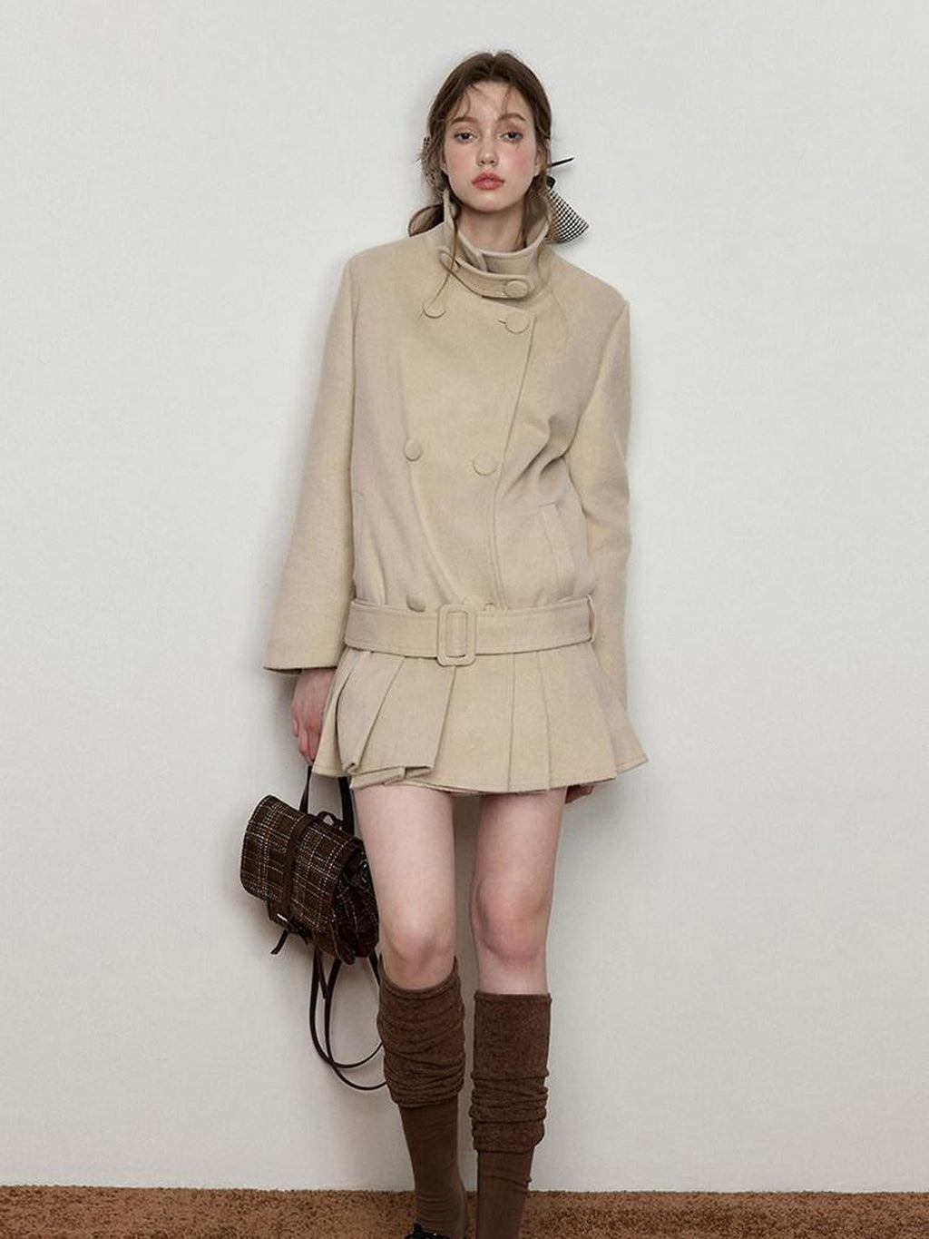Luamoss Warm Wool Blend Camel Double Breasted Stand Collar Commuter Wool Coats
