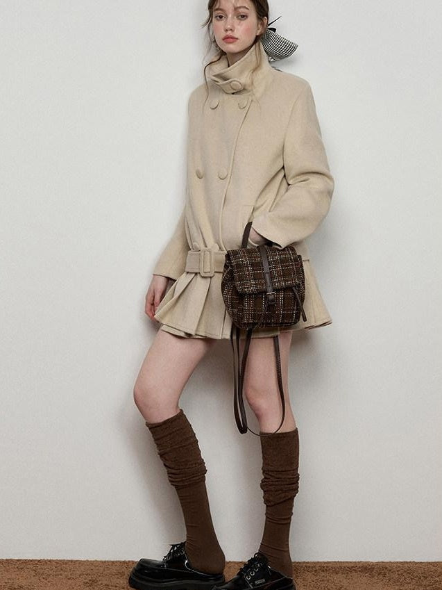 Luamoss Warm Wool Blend Camel Double Breasted Stand Collar Commuter Wool Coats