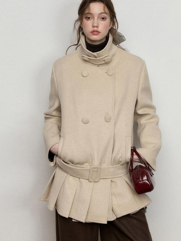 Luamoss Warm Wool Blend Camel Double Breasted Stand Collar Commuter Wool Coats