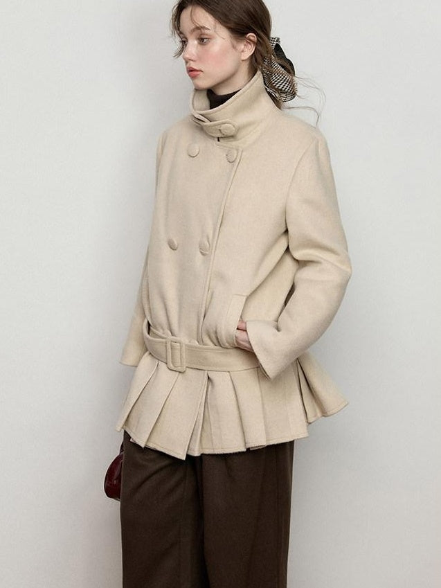 Luamoss Warm Wool Blend Camel Double Breasted Stand Collar Commuter Wool Coats