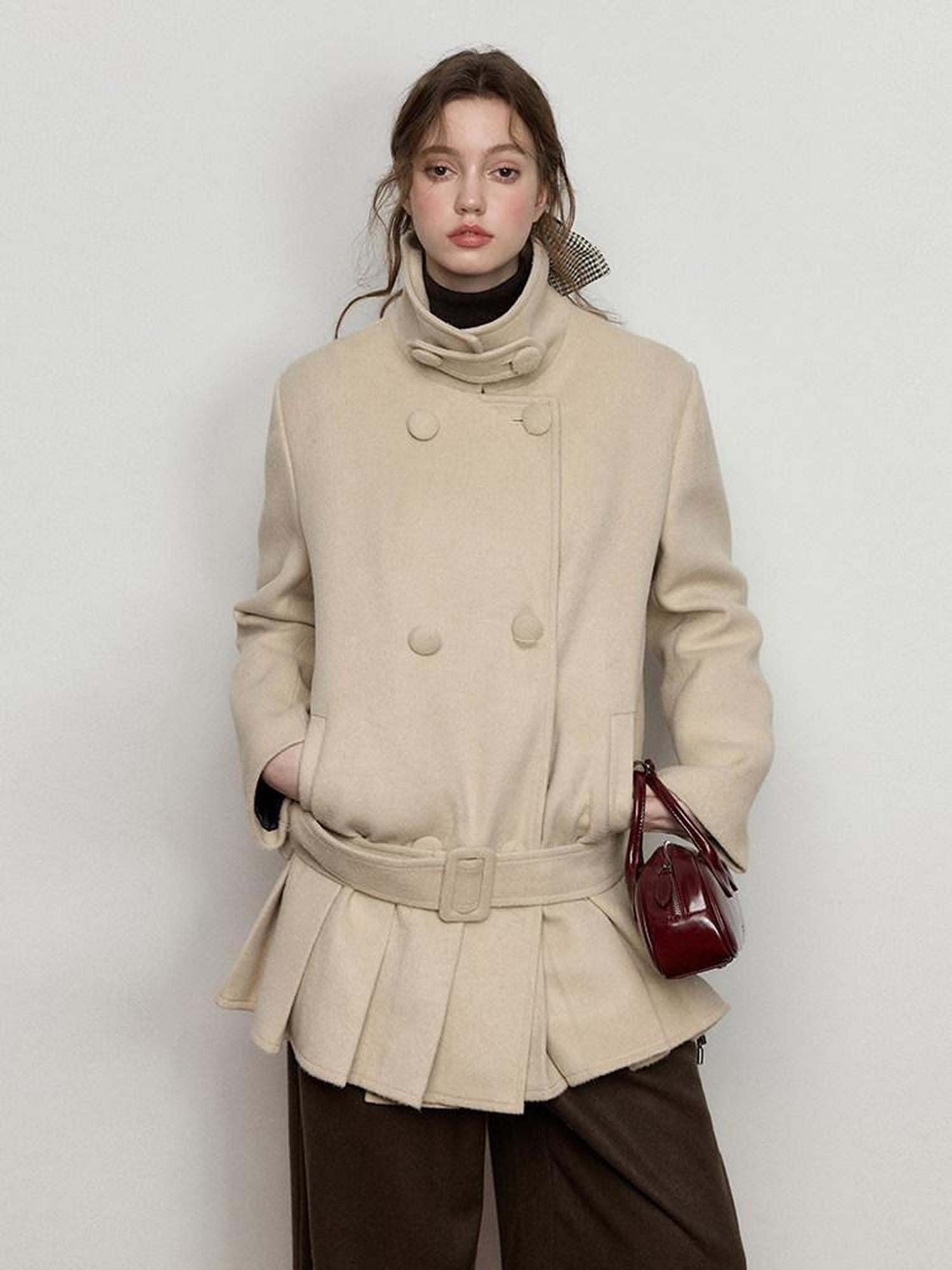 Luamoss Warm Wool Blend Camel Double Breasted Stand Collar Commuter Wool Coats