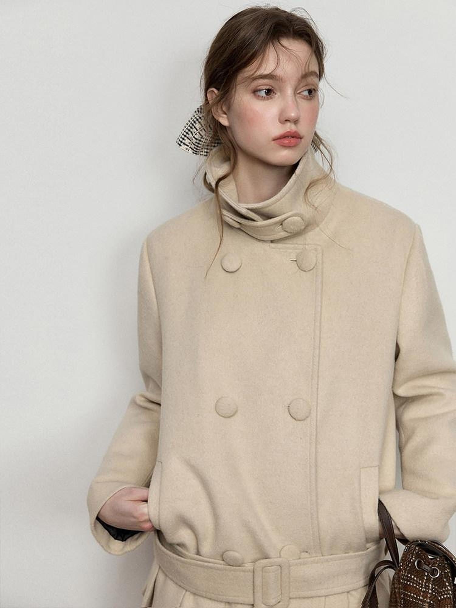 Luamoss Warm Wool Blend Camel Double Breasted Stand Collar Commuter Wool Coats