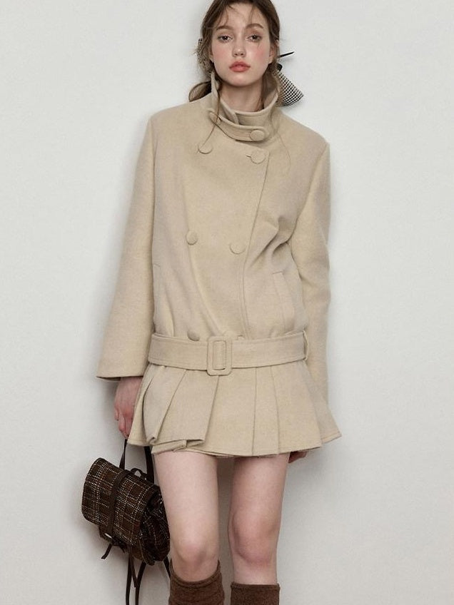 Luamoss Warm Wool Blend Camel Double Breasted Stand Collar Commuter Wool Coats