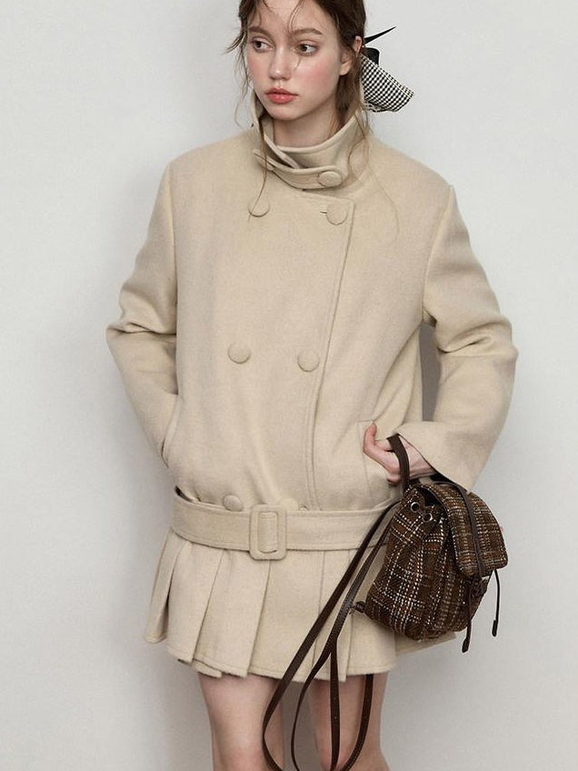 Luamoss Warm Wool Blend Camel Double Breasted Stand Collar Commuter Wool Coats