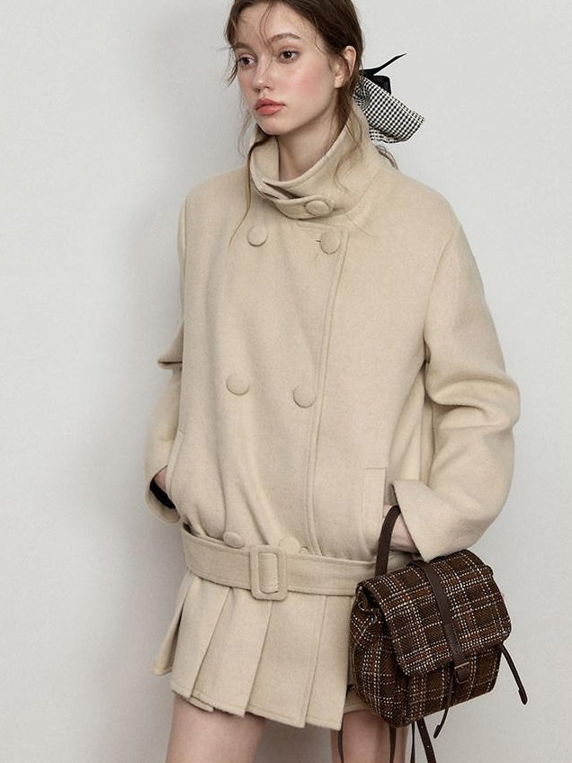 Luamoss Warm Wool Blend Camel Double Breasted Stand Collar Commuter Wool Coats