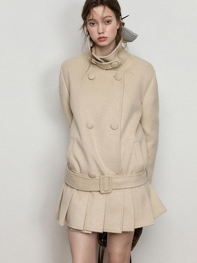 Luamoss Warm Wool Blend Camel Double Breasted Stand Collar Commuter Wool Coats