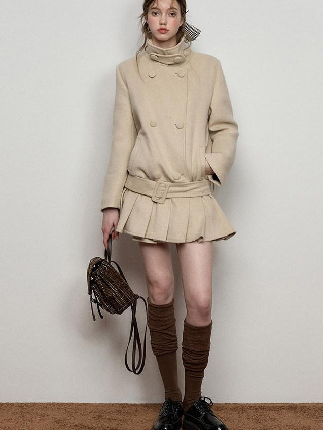 Luamoss Warm Wool Blend Camel Double Breasted Stand Collar Commuter Wool Coats