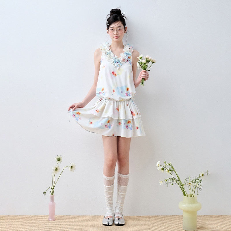Luamoss_White_Floral_V-neck_Tiered_Sleeveless_Korean_Loose_Waist_Mini_Dresses_MISSTT