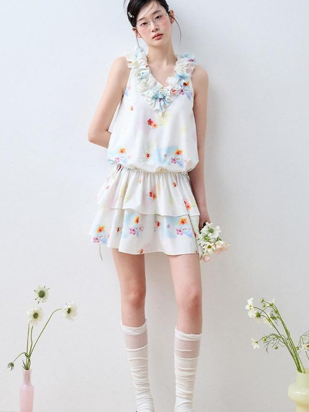 Luamoss White Floral V-neck Tiered Sleeveless Korean Loose Waist Mini Dresses