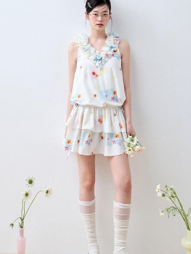 Luamoss White Floral V-neck Tiered Sleeveless Korean Loose Waist Mini Dresses