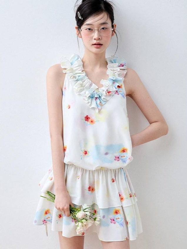 Luamoss White Floral V-neck Tiered Sleeveless Korean Loose Waist Mini Dresses