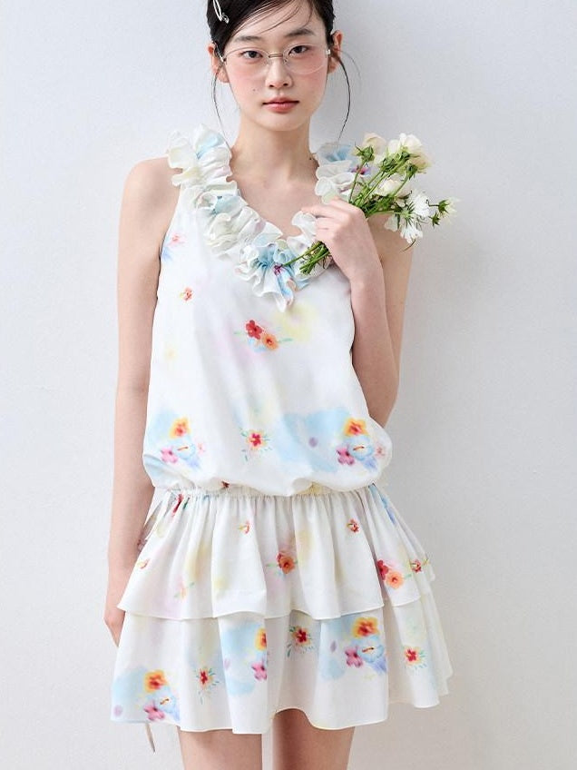 Luamoss White Floral V-neck Tiered Sleeveless Korean Loose Waist Mini Dresses