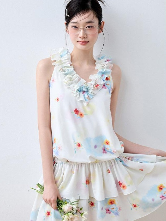 Luamoss White Floral V-neck Tiered Sleeveless Korean Loose Waist Mini Dresses