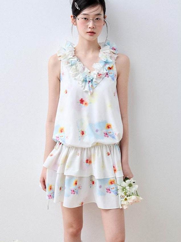 Luamoss White Floral V-neck Tiered Sleeveless Korean Loose Waist Mini Dresses