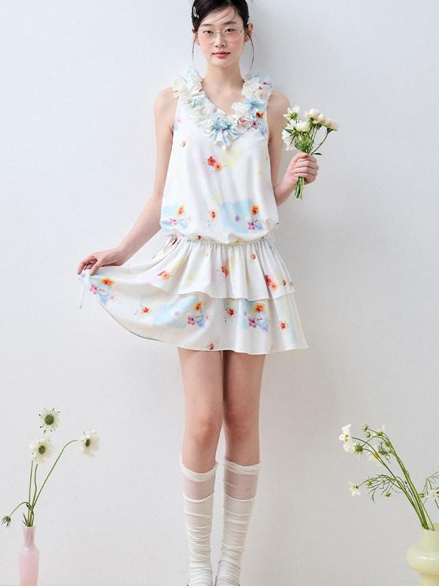 Luamoss White Floral V-neck Tiered Sleeveless Korean Loose Waist Mini Dresses