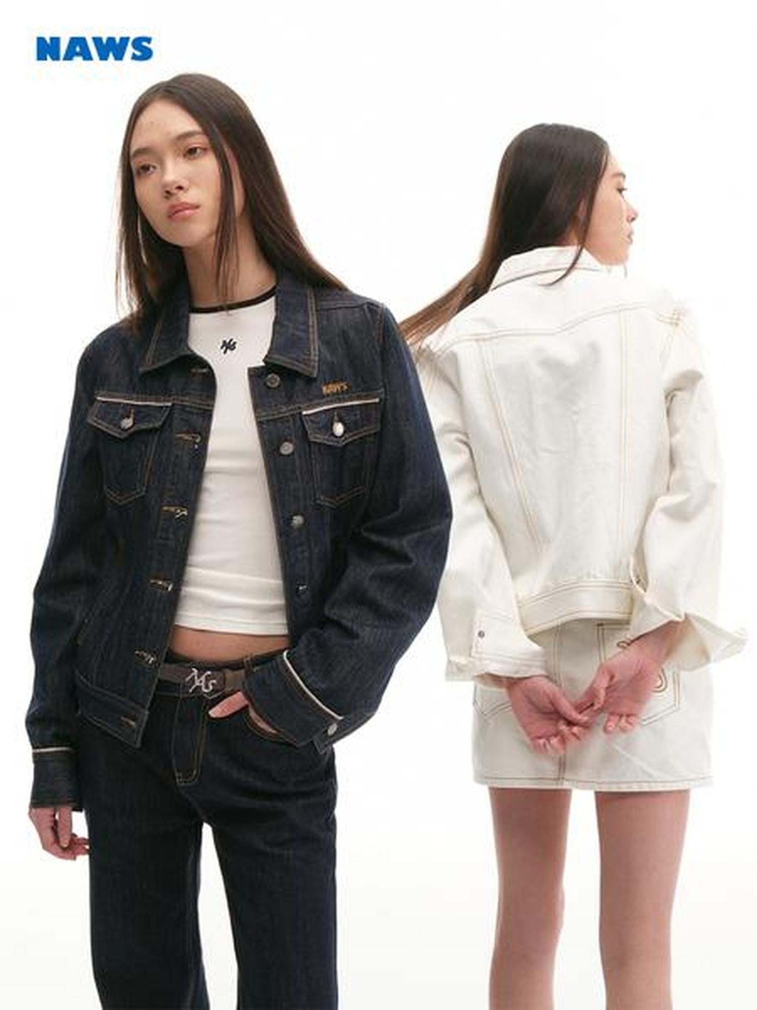 NAWSNOTAWEAR 100% Cotton Stand Collar Loose Retro Women Raw Denim Blue Denim Jackets