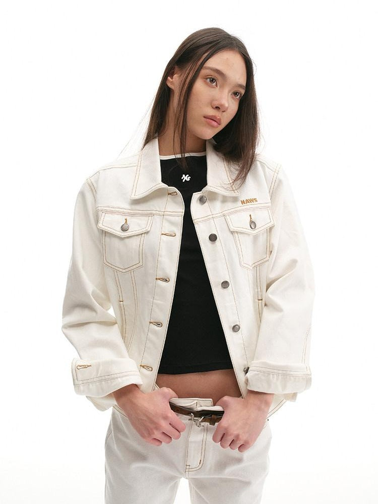 NAWSNOTAWEAR 100% Cotton Stand Collar Loose Retro Women Raw Denim Blue Denim Jackets
