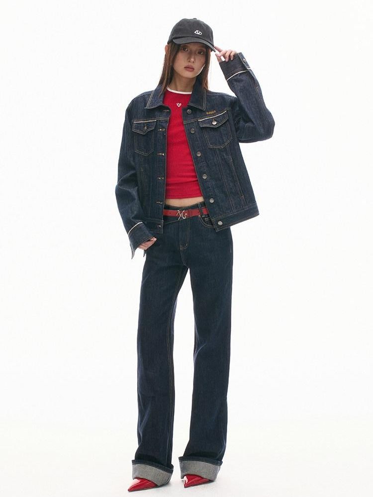 NAWSNOTAWEAR 100% Cotton Stand Collar Loose Retro Women Raw Denim Blue Denim Jackets