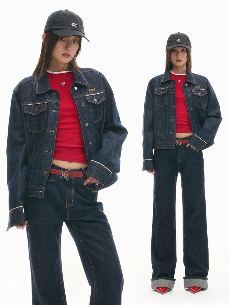 NAWSNOTAWEAR 100% Cotton Stand Collar Loose Retro Women Raw Denim Blue Denim Jackets