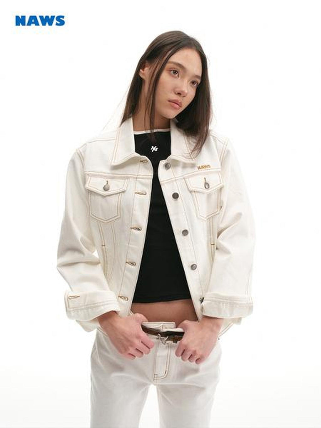 NAWSNOTAWEAR 100% Cotton Stand Collar Loose Retro Women Raw Denim Blue Denim Jackets