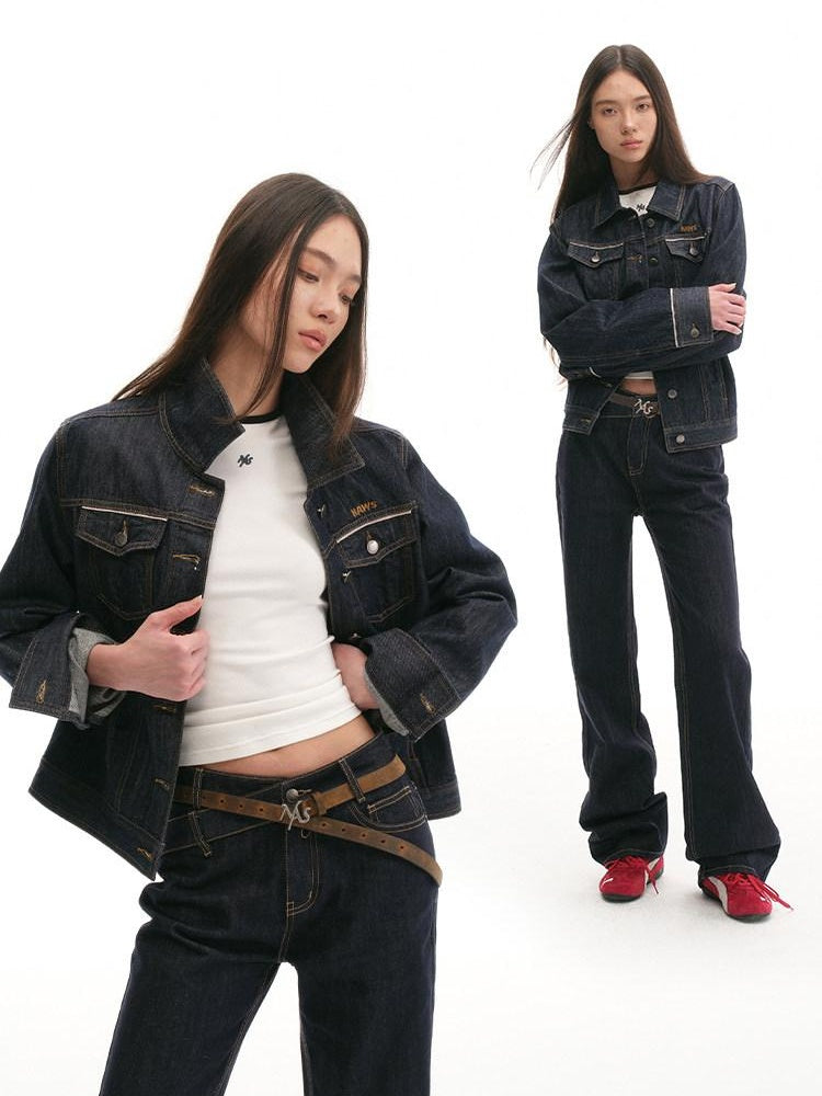 NAWSNOTAWEAR 100% Cotton Stand Collar Loose Retro Women Raw Denim Blue Denim Jackets