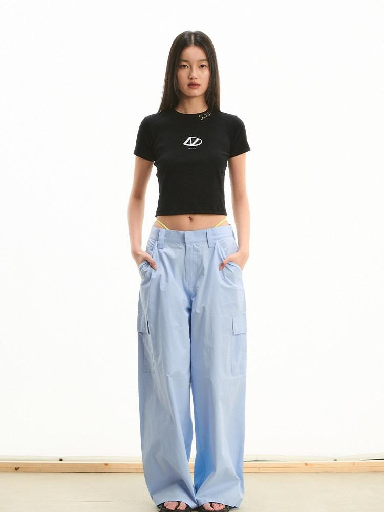 NAWSNOTAWEAR 100% Cotton Straight Leg Low Rise Pockets For Women Light Blue Cargo Pants