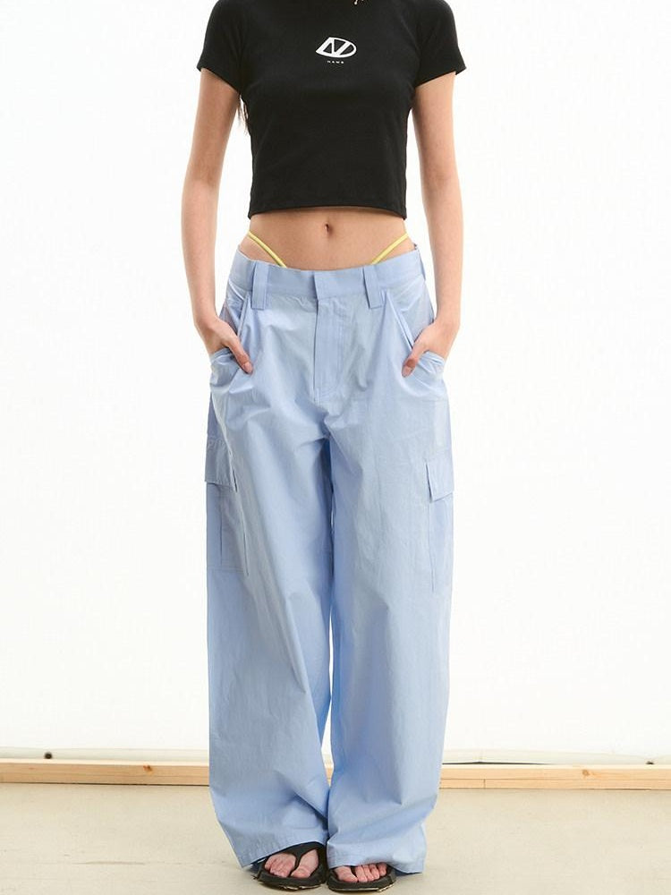 NAWSNOTAWEAR 100% Cotton Straight Leg Low Rise Pockets For Women Light Blue Cargo Pants