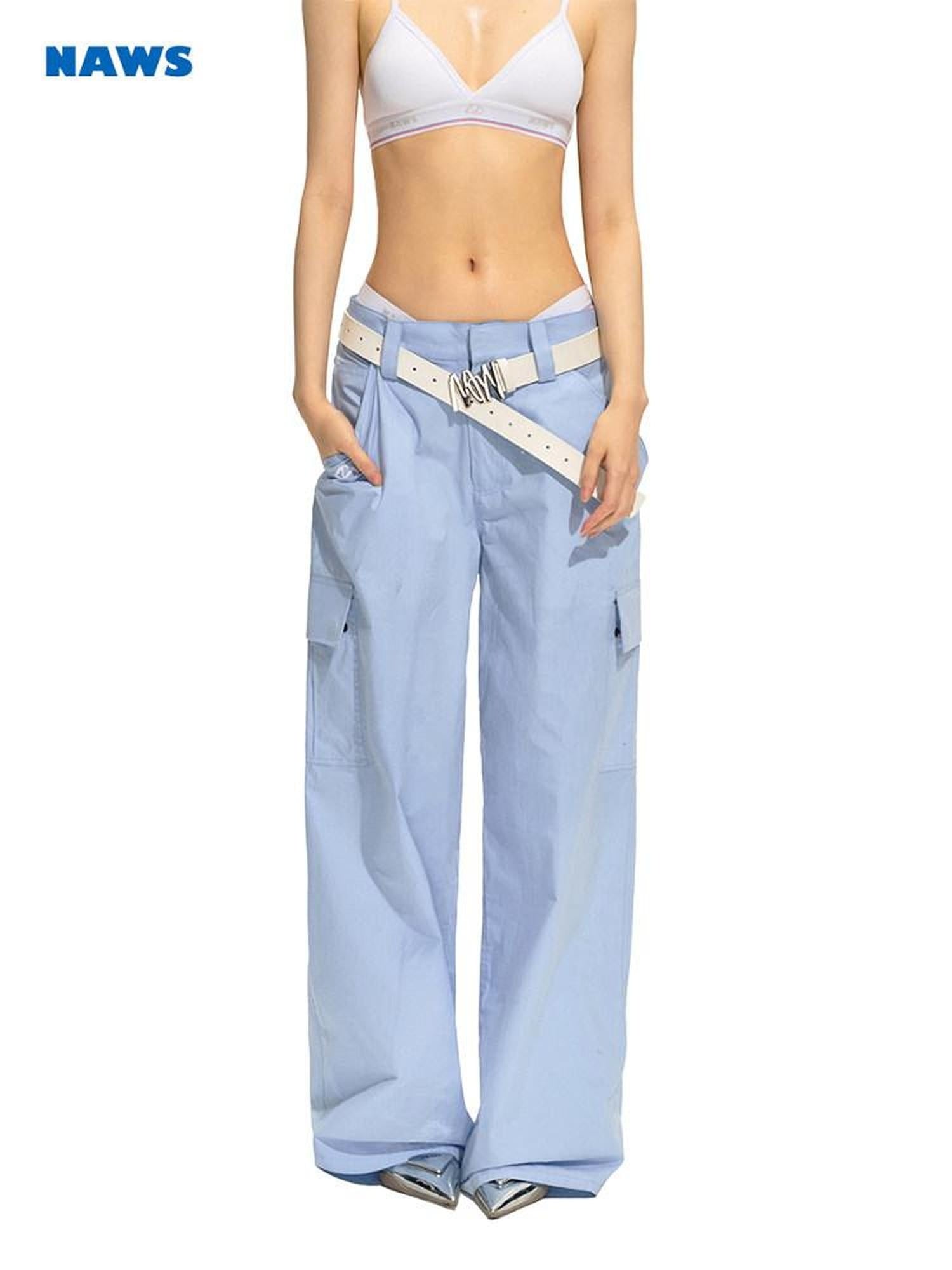 NAWSNOTAWEAR 100% Cotton Straight Leg Low Rise Pockets For Women Light Blue Cargo Pants