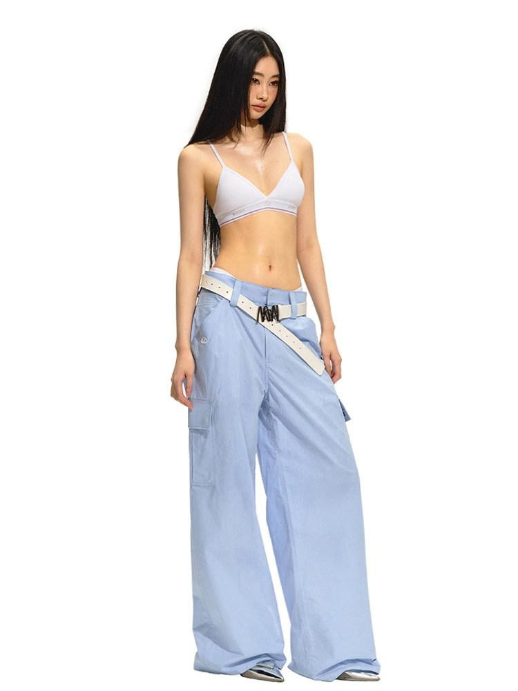 NAWSNOTAWEAR 100% Cotton Straight Leg Low Rise Pockets For Women Light Blue Cargo Pants
