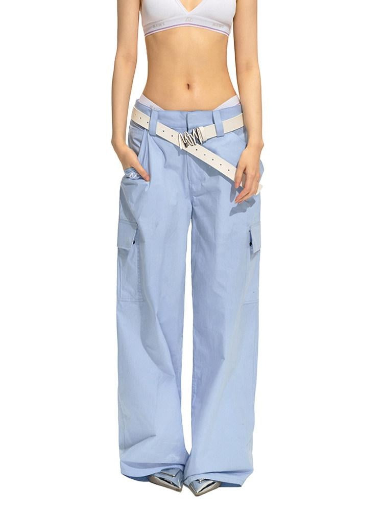 NAWSNOTAWEAR 100% Cotton Straight Leg Low Rise Pockets For Women Light Blue Cargo Pants