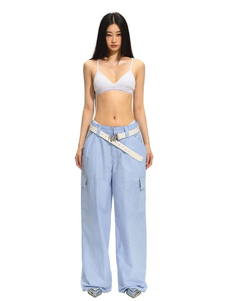 NAWSNOTAWEAR 100% Cotton Straight Leg Low Rise Pockets For Women Light Blue Cargo Pants