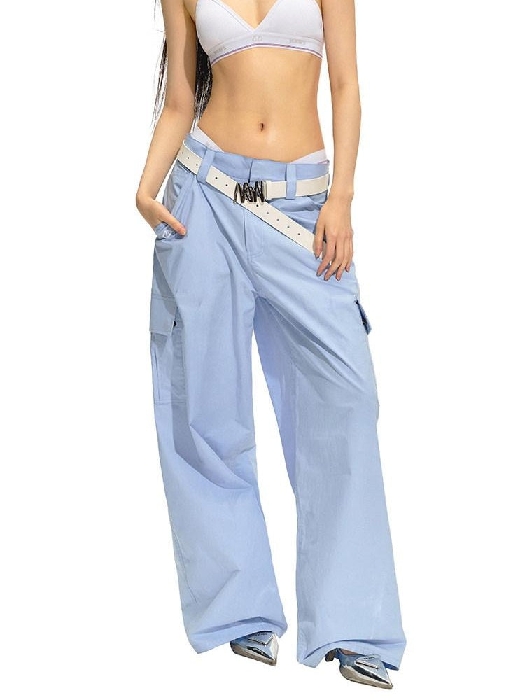 NAWSNOTAWEAR 100% Cotton Straight Leg Low Rise Pockets For Women Light Blue Cargo Pants