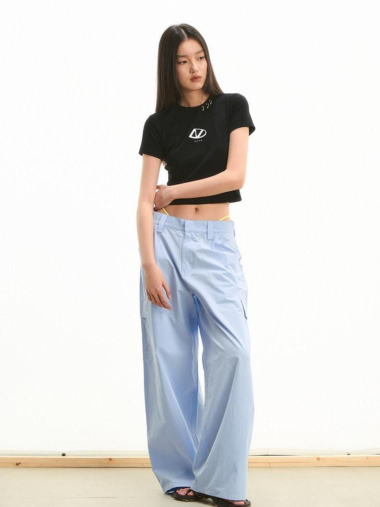 NAWSNOTAWEAR 100% Cotton Straight Leg Low Rise Pockets For Women Light Blue Cargo Pants
