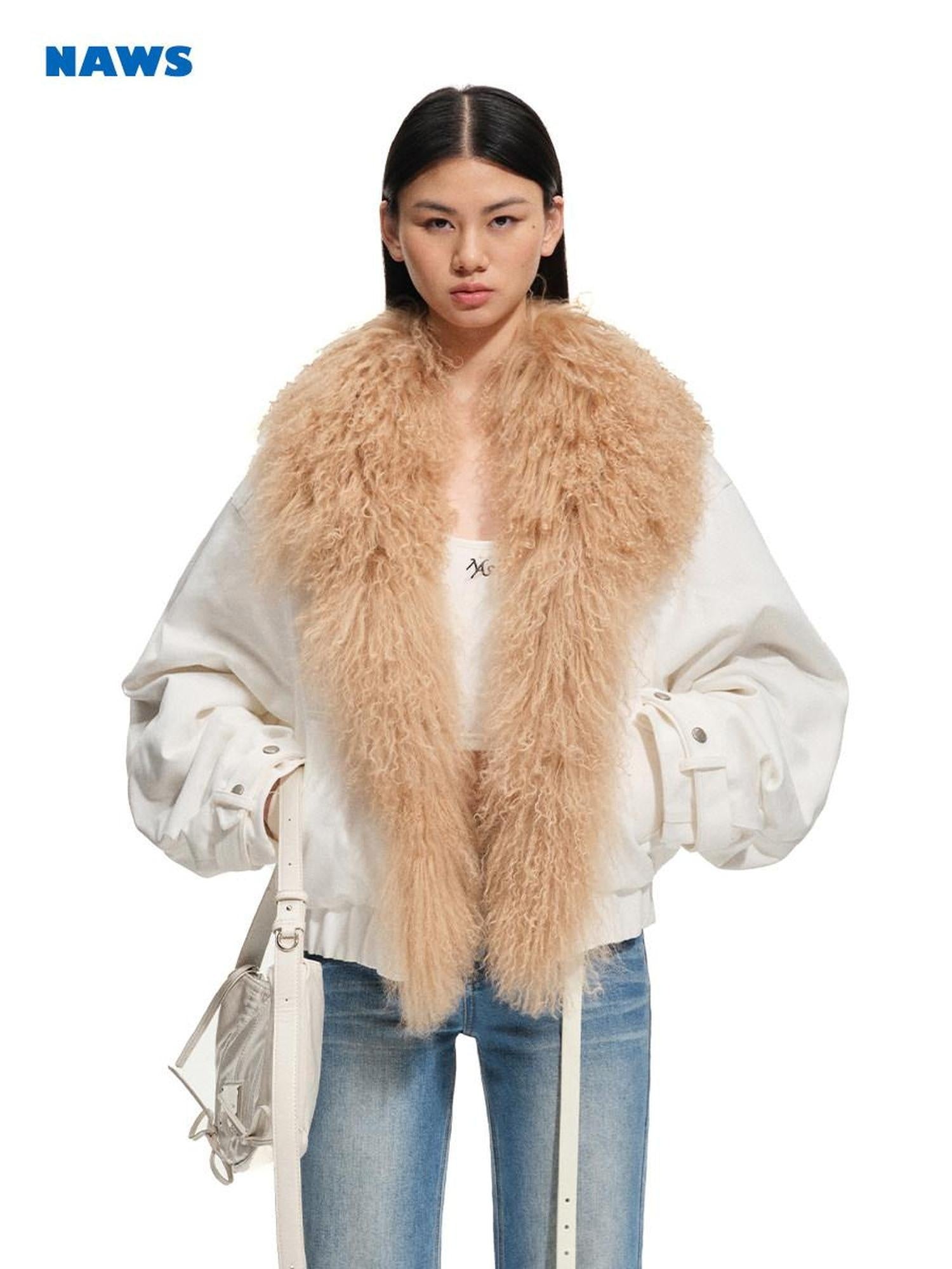 NAWSNOTAWEAR 90 Percent White Duck Down Removable Fur Loose Commuter Women Down Jackets