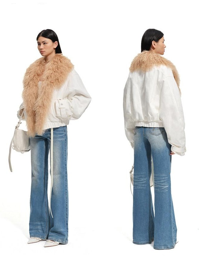 NAWSNOTAWEAR 90 Percent White Duck Down Removable Fur Loose Commuter Women Down Jackets