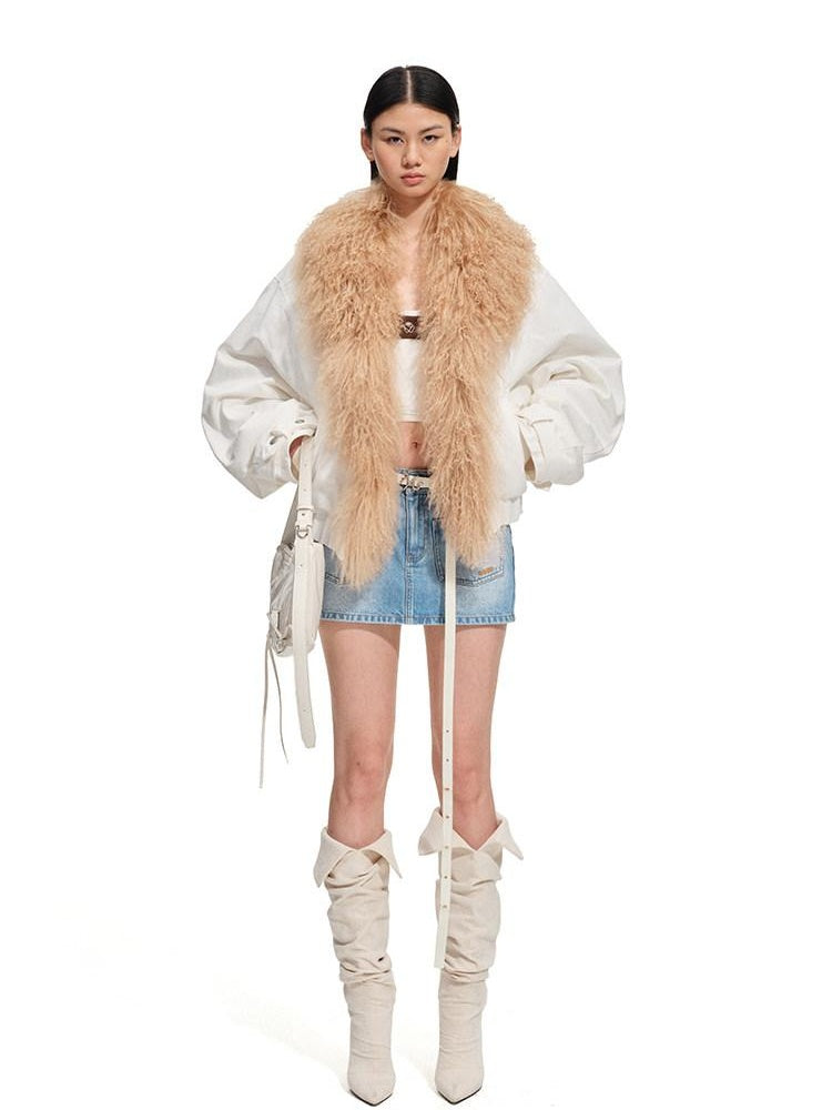 NAWSNOTAWEAR 90 Percent White Duck Down Removable Fur Loose Commuter Women Down Jackets