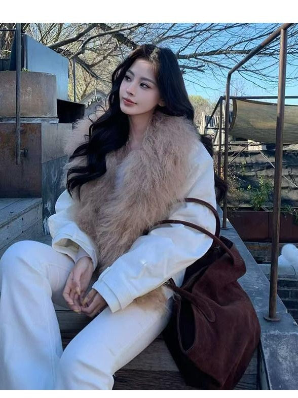 NAWSNOTAWEAR 90 Percent White Duck Down Removable Fur Loose Commuter Women Down Jackets