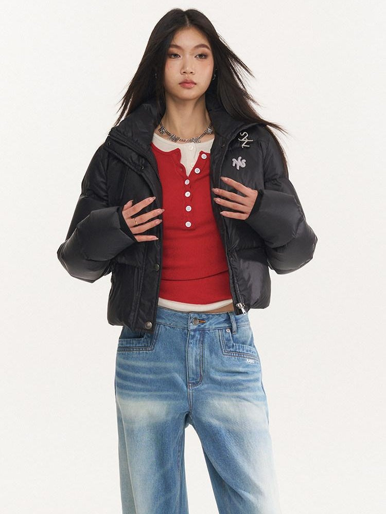 NAWSNOTAWEAR 90 Percent White Duck Down Short Cape Stand Collar Hidden Placket Down Jackets