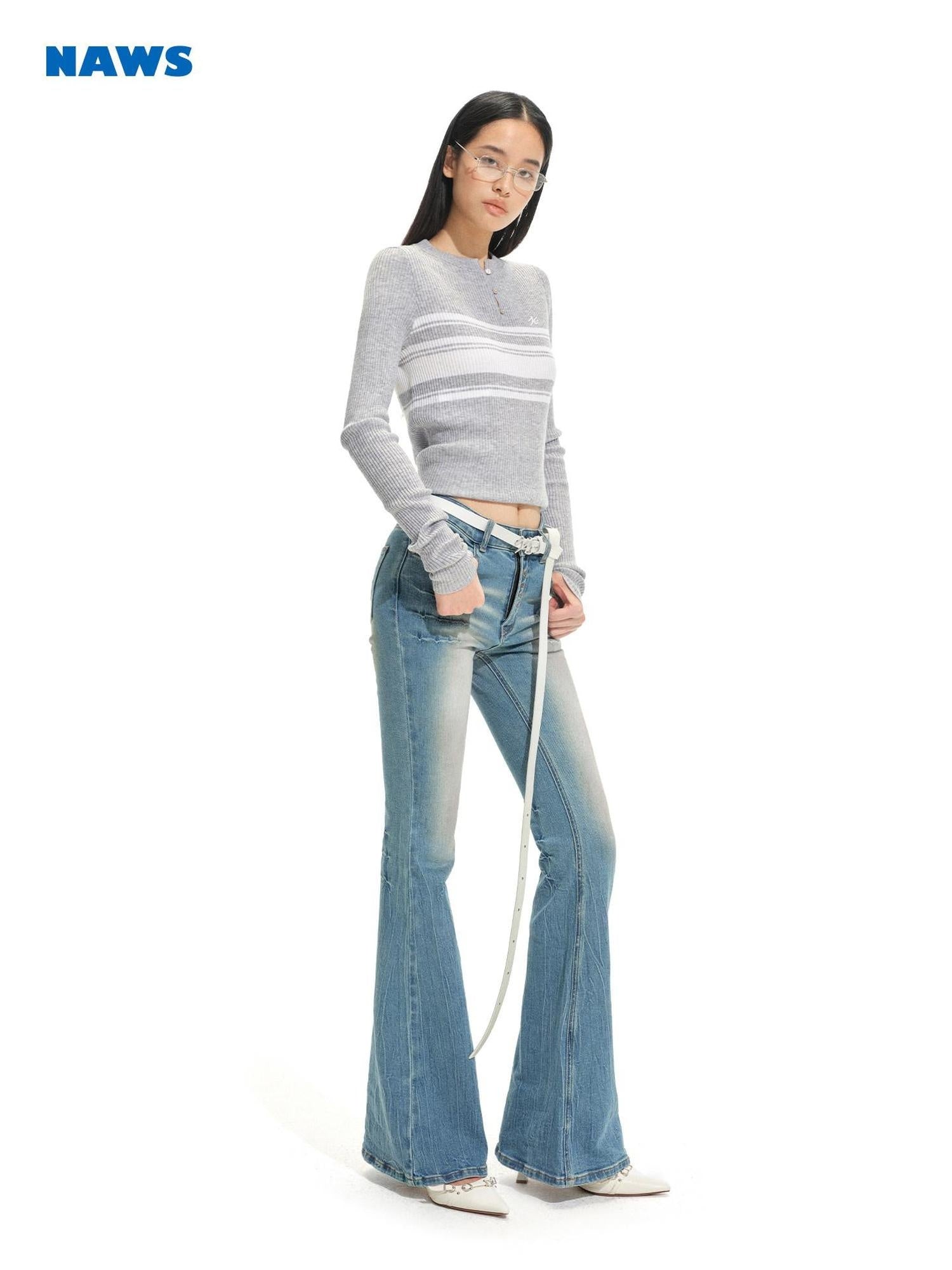 NAWSNOTAWEAR Acrylic Wool Blend Casual Slim Cropped Women Striped Round Neck Sweaters