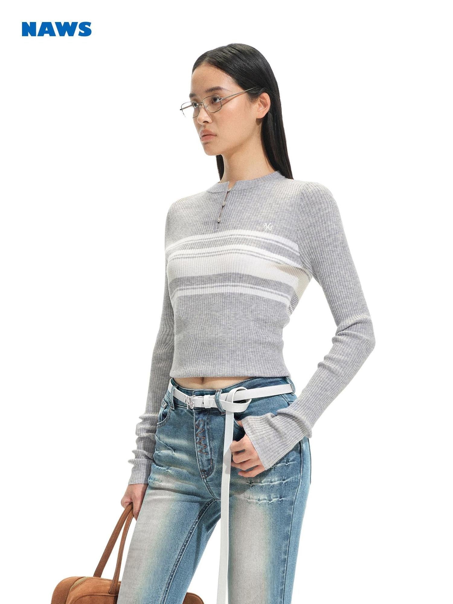 NAWSNOTAWEAR Acrylic Wool Blend Casual Slim Cropped Women Striped Round Neck Sweaters