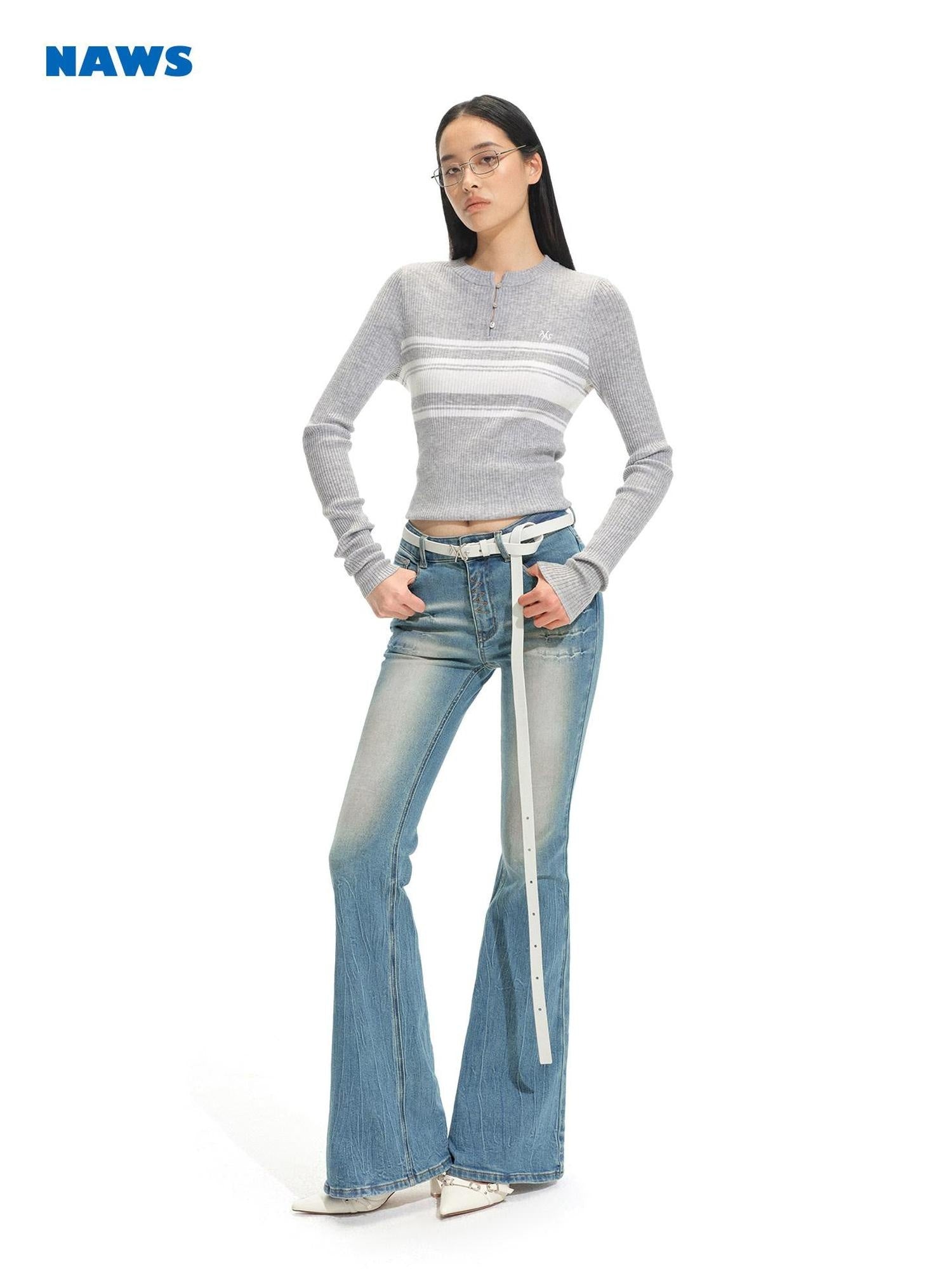 NAWSNOTAWEAR Acrylic Wool Blend Casual Slim Cropped Women Striped Round Neck Sweaters