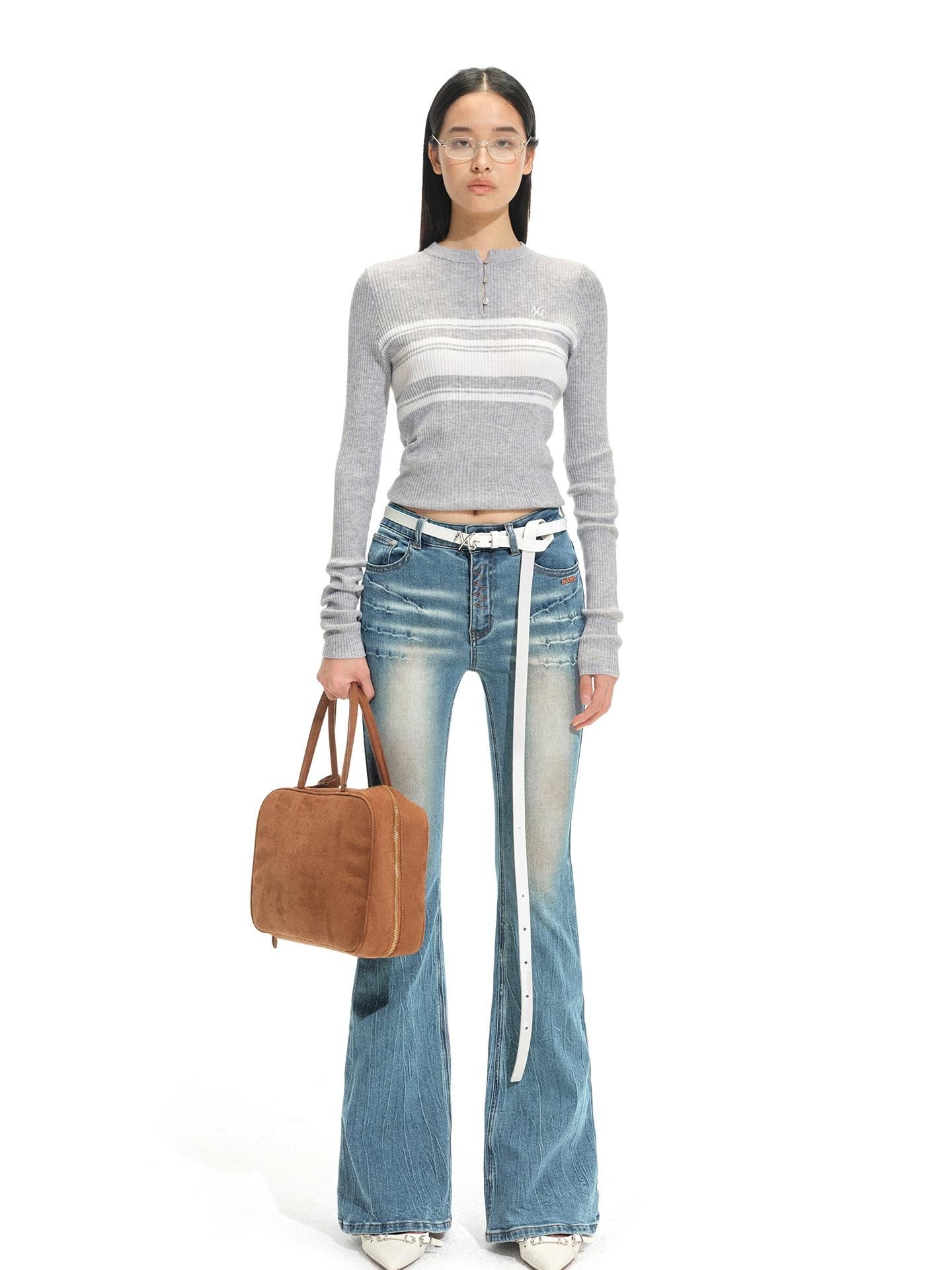NAWSNOTAWEAR Acrylic Wool Blend Casual Slim Cropped Women Striped Round Neck Sweaters