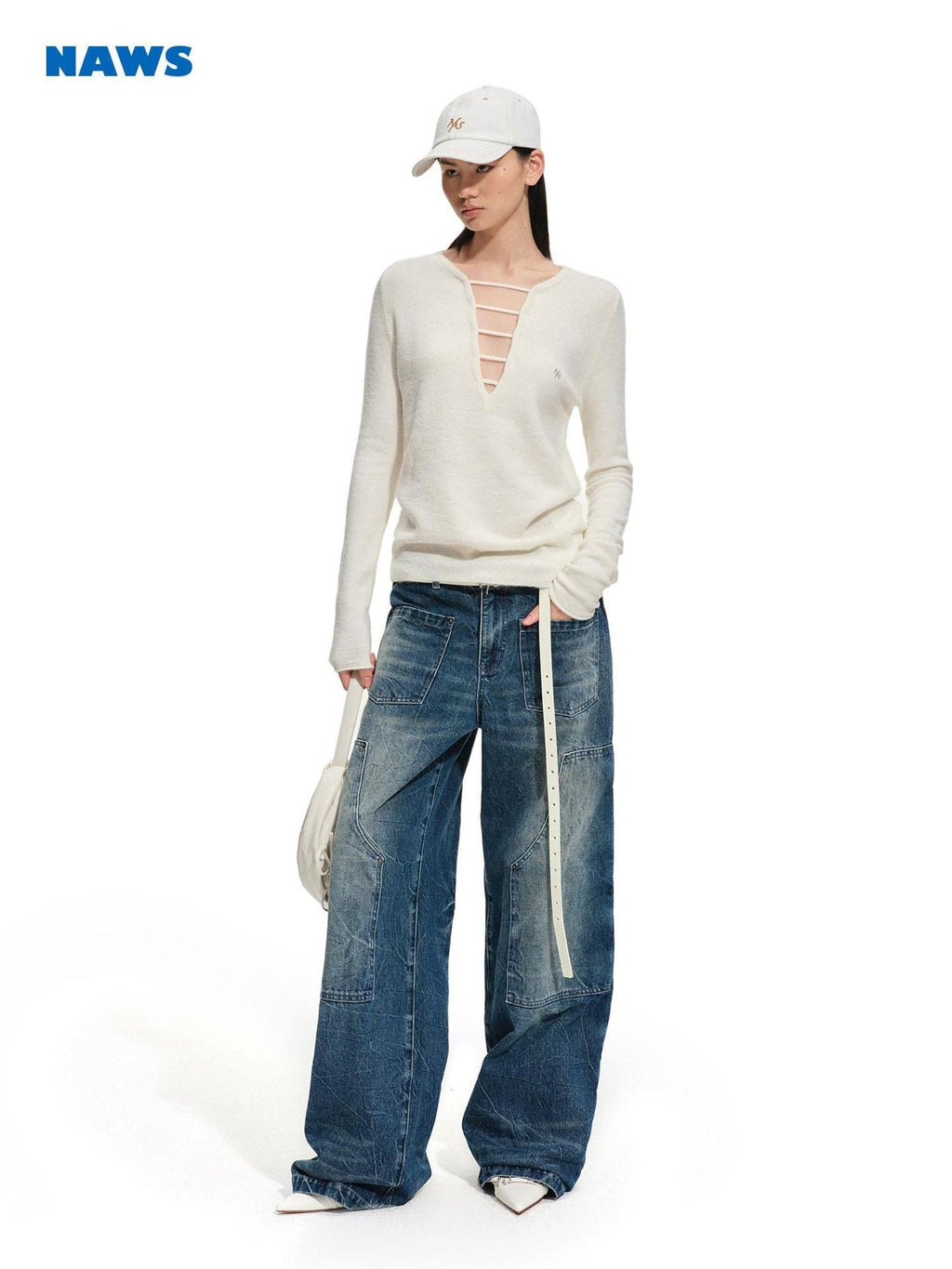 NAWSNOTAWEAR Alpaca Wool Blend Casual Slim Hollow V-neck Women Long Sleeve Pullover Sweaters