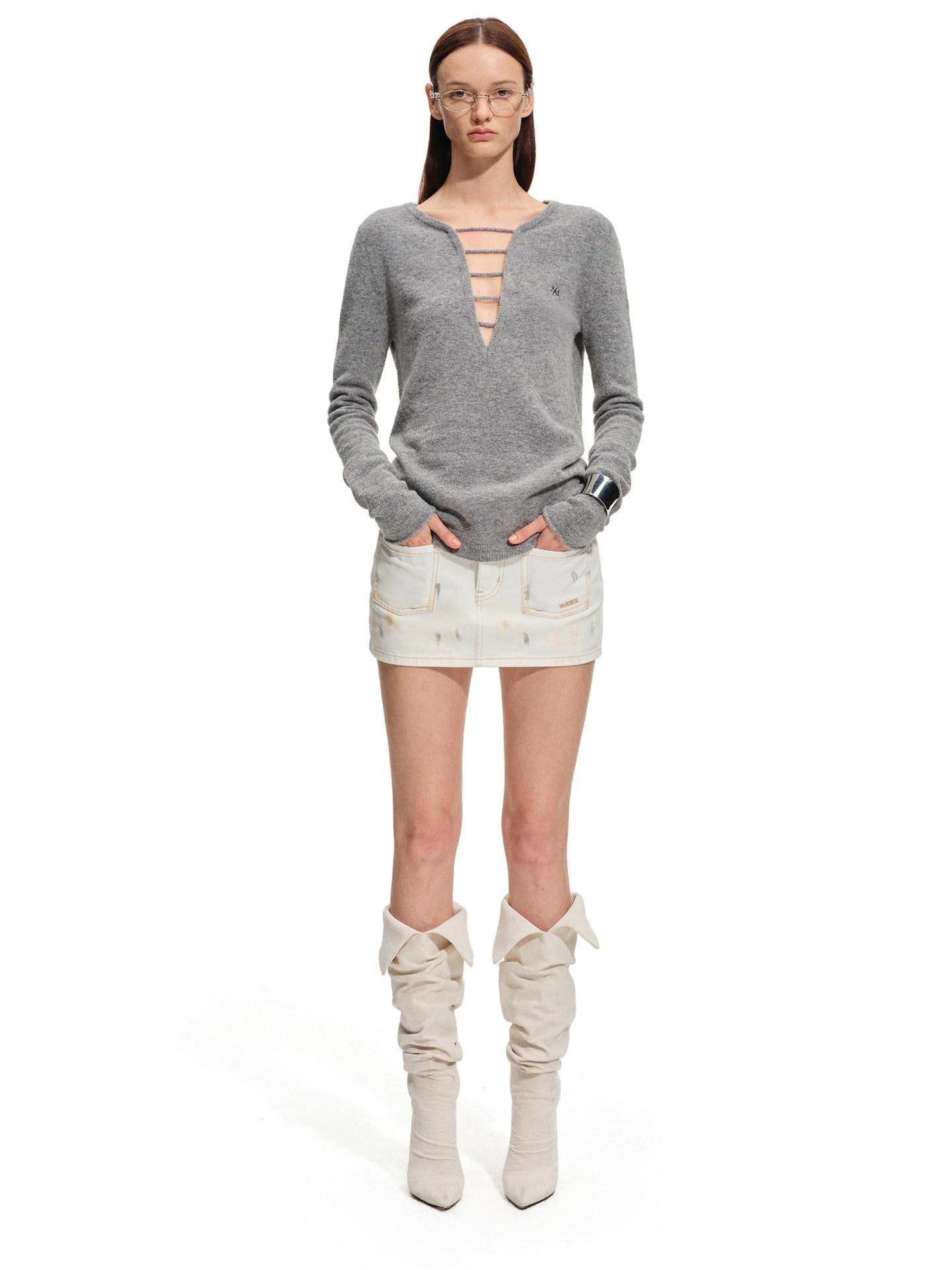 NAWSNOTAWEAR Alpaca Wool Blend Casual Slim Hollow V-neck Women Long Sleeve Pullover Sweaters